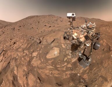NASA's Perseverance rover on the rocky surface of Mars at Cheyava Falls