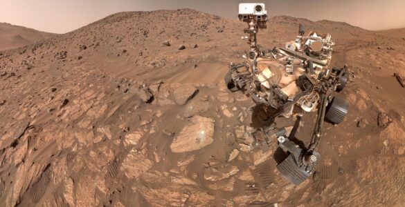 NASA's Perseverance rover on the rocky surface of Mars at Cheyava Falls