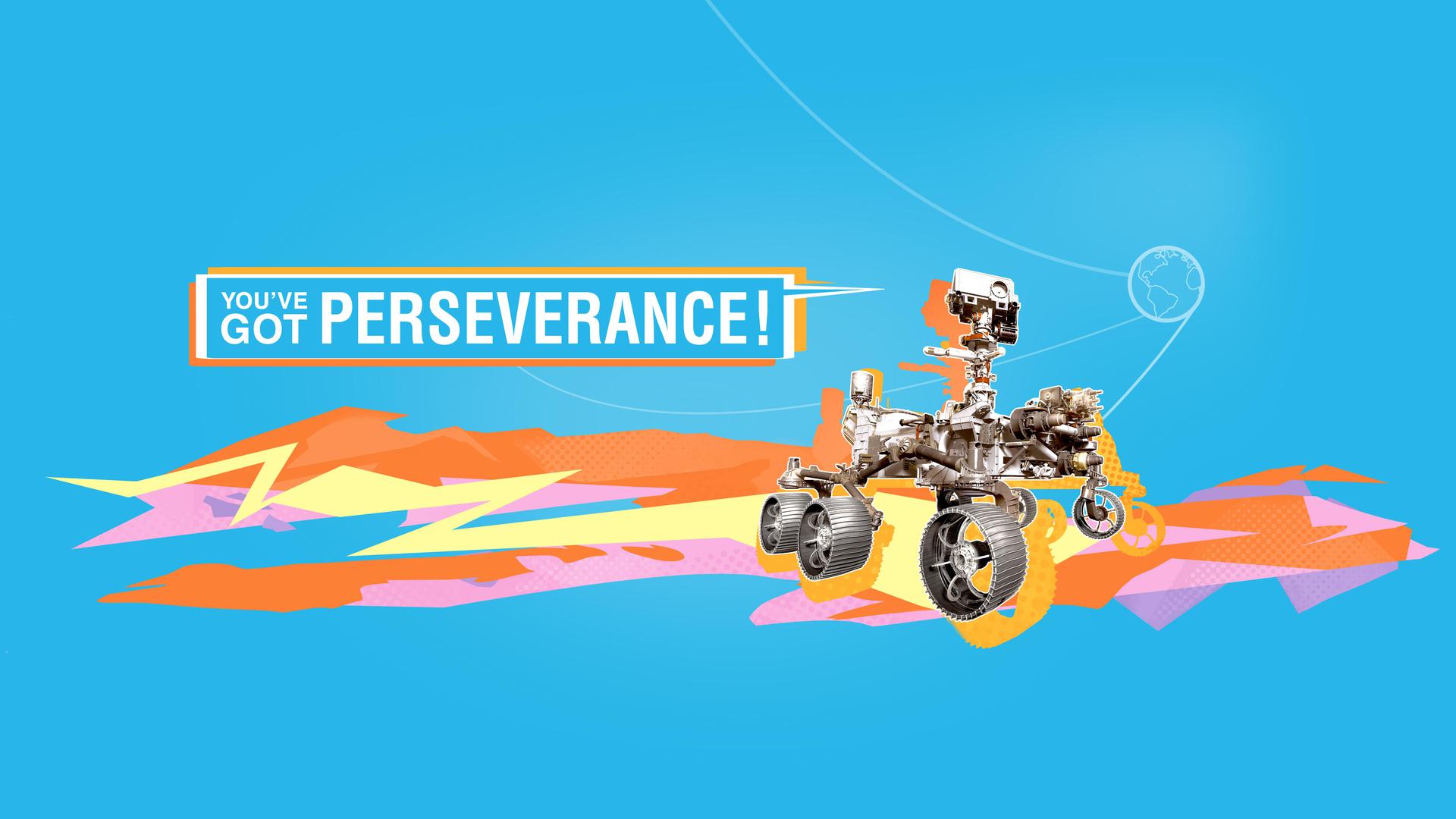 Illustration of the Perseverance rover driving across the surface of Mars
