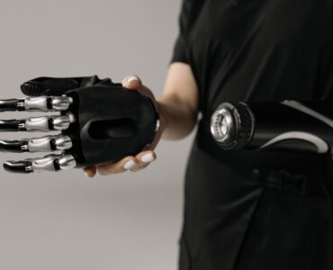 Close view of a modern prosthetic hand and forearm