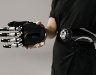 Close view of a modern prosthetic hand and forearm