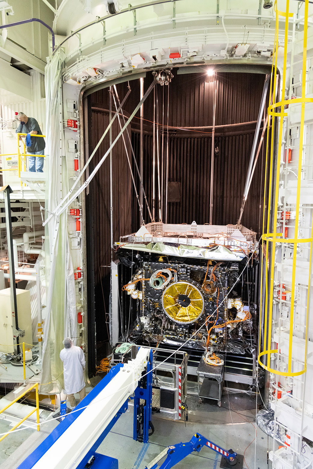 Psyche spacecraft inside a large environmental test chamber at NASA JPL