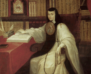 Portrait of Sor Juana Inés de la Cruz seated at a desk beside books