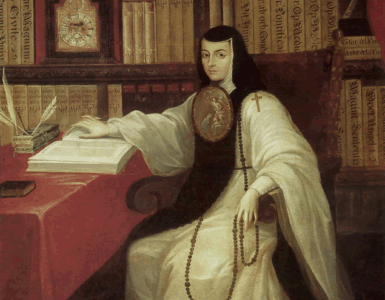 Portrait of Sor Juana Inés de la Cruz seated at a desk beside books