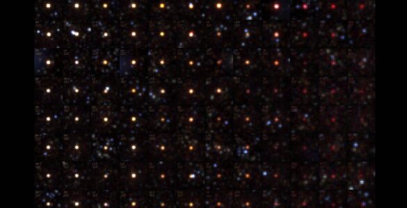 A grid of brown dwarfs observed by the SPHEREx space telescope, arranged by spectral type and temperature.