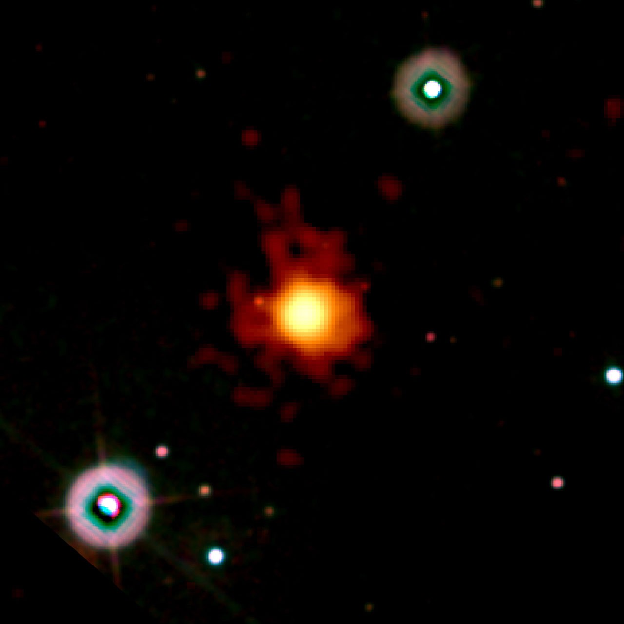 Composite Swift image of distant gamma-ray burst GRB 090423 in ultraviolet, optical, and X-ray wavelengths