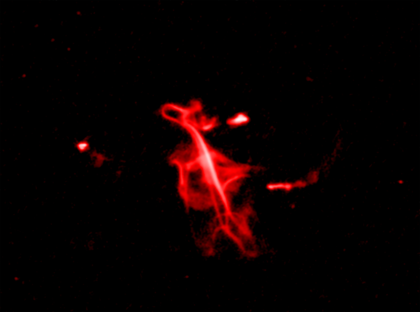Low-frequency radio view showing the curved filaments of the Treble Clef radio source