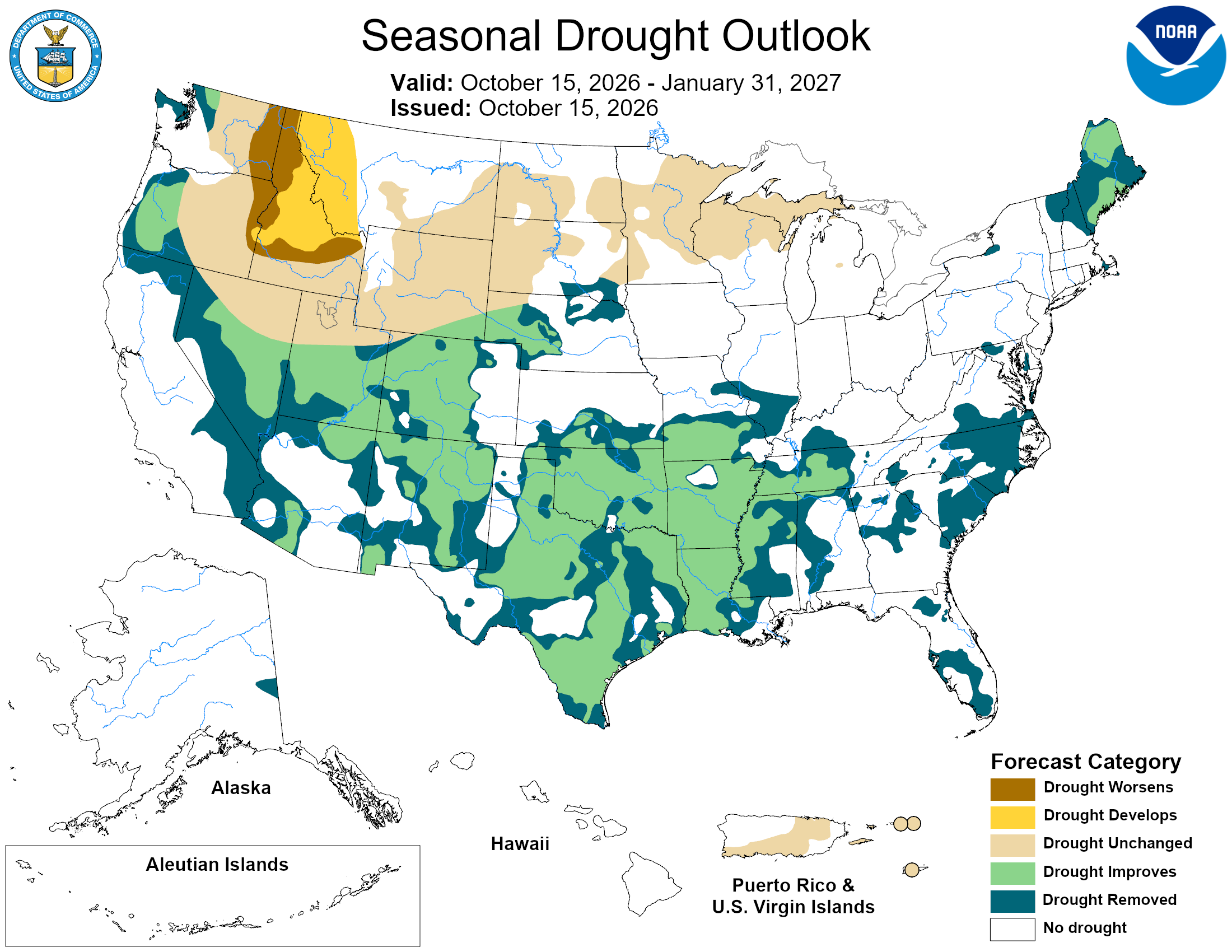 NOAA map showing where drought is expected to persist, improve, end, or develop through January 2027